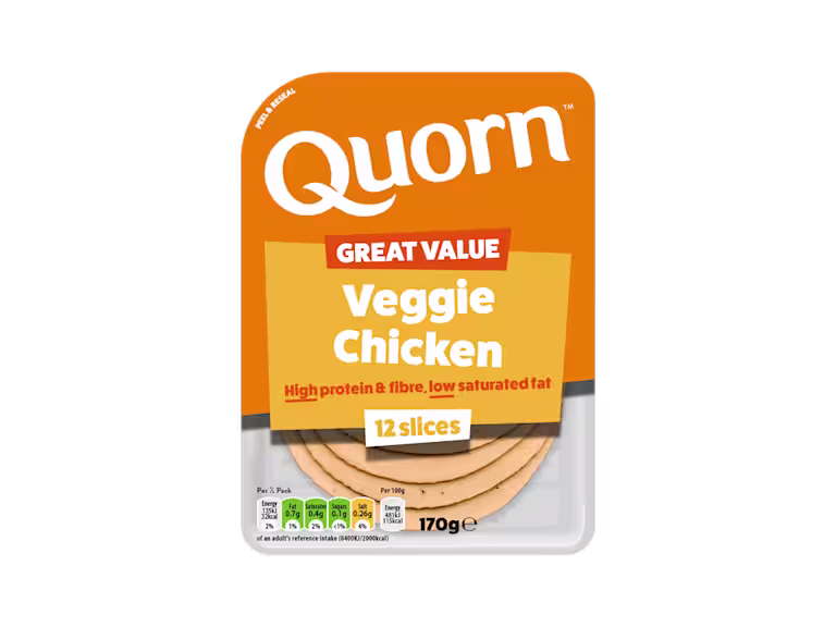 Meat free Quorn Vegetarian Chicken Slices product packaging with nutritional information