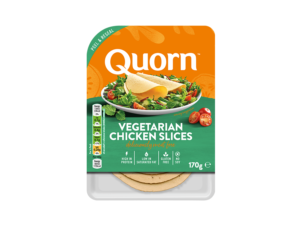 Meat free Quorn Vegetarian Chicken Slices product packaging with nutritional information