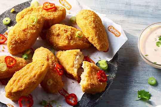 Quorn Buffalo Wings with chopped chillis, fresh coriander and a cool ranch dipping sauce