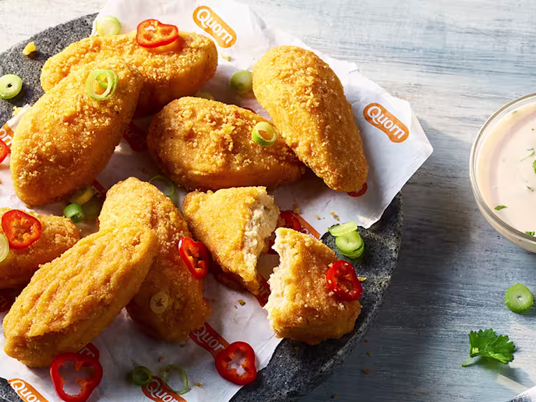 Quorn Buffalo Wings with chopped chillis, fresh coriander and a cool ranch dipping sauce