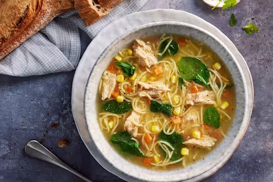 Chicken noodle soup with Quorn Fillets with vegetables in a bowl