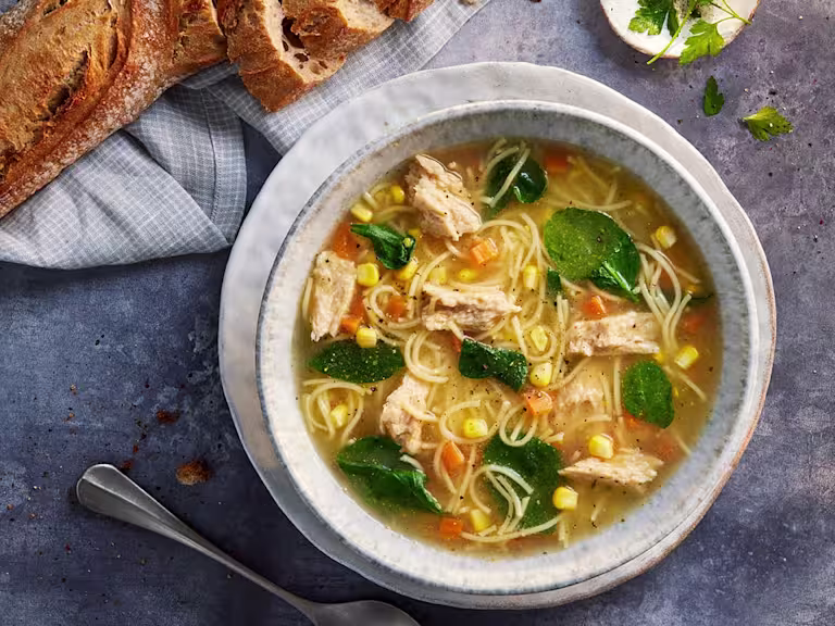 Chicken noodle soup with Quorn Fillets with vegetables in a bowl