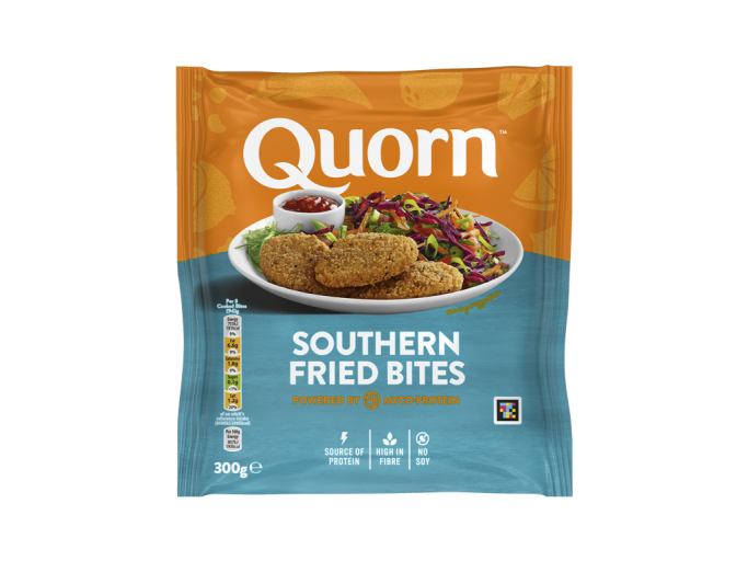 A bag of Quorn Southern Fried Bites showing the prepared product and information on an orange and charcoal background.