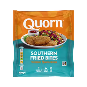 A bag of Quorn Southern Fried Bites showing the prepared product and information on an orange and charcoal background.