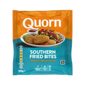A bag of Quorn Southern Fried Bites showing the prepared product and information on an orange and charcoal background.