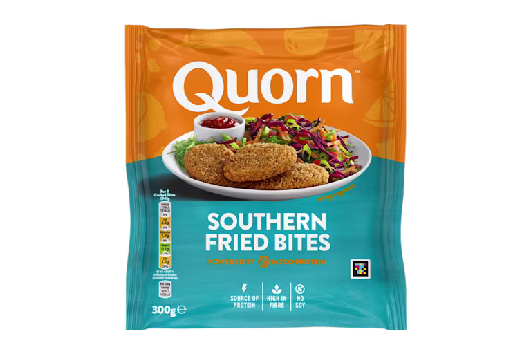 A bag of Quorn Southern Fried Bites showing the prepared product and information on an orange and charcoal background.