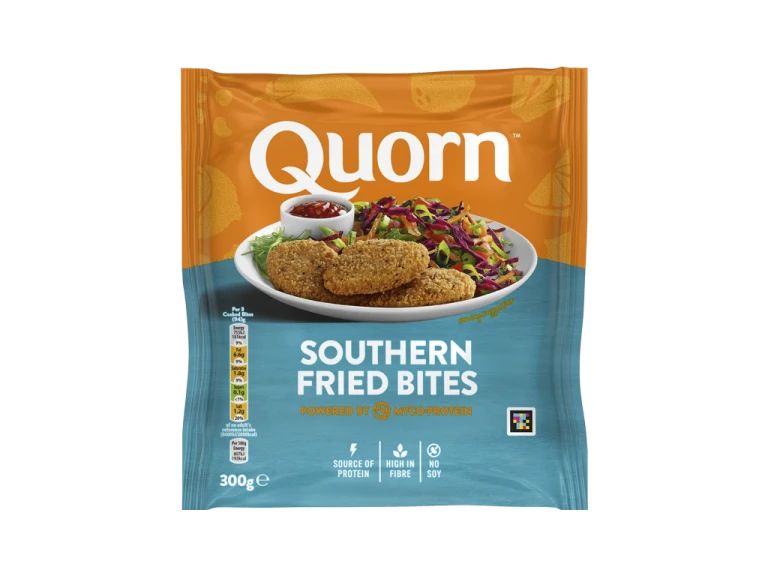 A bag of Quorn Southern Fried Bites showing the prepared product and information on an orange and charcoal background.