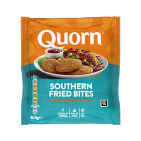 A bag of Quorn Southern Fried Bites showing the prepared product and information on an orange and charcoal background.