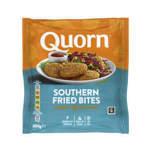 A bag of Quorn Southern Fried Bites showing the prepared product and information on an orange and charcoal background.