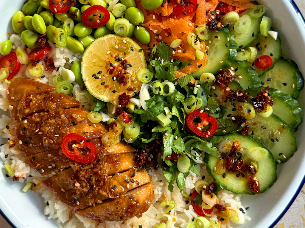 Honey garlic chicken with Quorn Fillets, served with rice and vegetables