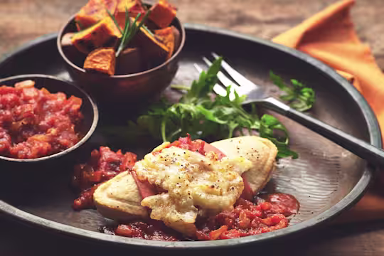 Hunter's Chicken made with meat free Quorn Fillets and Quorn Vegetarian Ham served with cheese and barbeque sauce on a plate