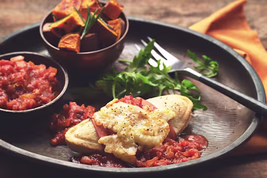 Hunter's Chicken made with meat free Quorn Fillets and Quorn Vegetarian Ham served with cheese and barbeque sauce on a plate