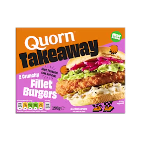 Box of Quorn Takeaway high-protein vegetarian crunchy fillet burgers showing a prepared burger in a bun.