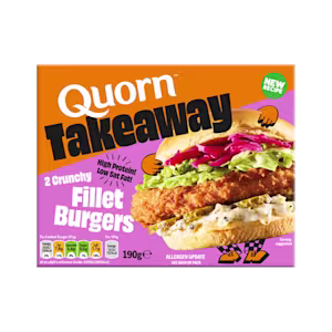 Box of Quorn Takeaway high-protein vegetarian crunchy fillet burgers showing a prepared burger in a bun.
