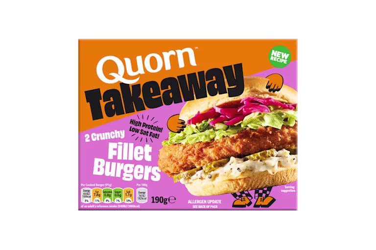 Box of Quorn Takeaway high-protein vegetarian crunchy fillet burgers showing a prepared burger in a bun.