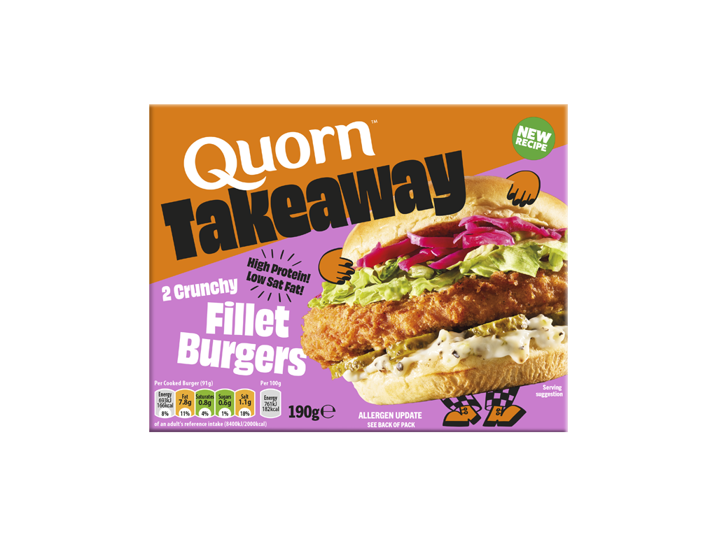 Box of Quorn Takeaway high-protein vegetarian crunchy fillet burgers showing a prepared burger in a bun.
