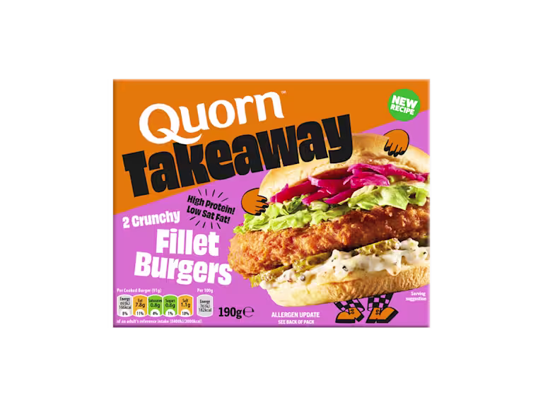 Box of Quorn Takeaway high-protein vegetarian crunchy fillet burgers showing a prepared burger in a bun.