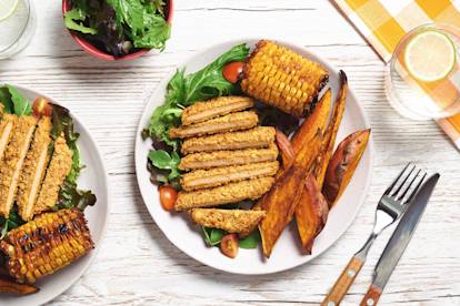 Quorn Spicy Tortilla Escalopes with Roasted Corn and Sweet Potato Wedges