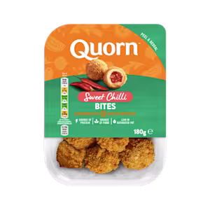 A packet of Quorn Sweet Chilli Bites showing the prepared product and information on an orange and sage green background.