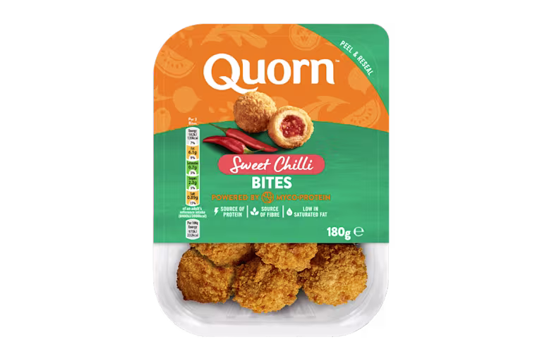A packet of Quorn Sweet Chilli Bites showing the prepared product and information on an orange and sage green background.