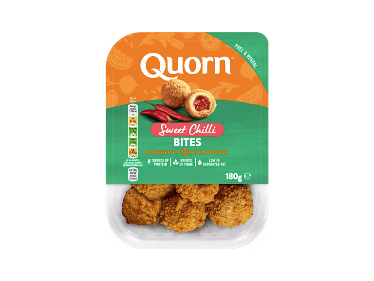 A packet of Quorn Sweet Chilli Bites showing the prepared product and information on an orange and sage green background.