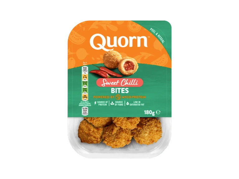A packet of Quorn Sweet Chilli Bites showing the prepared product and information on an orange and sage green background.