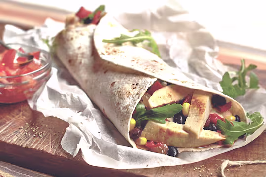 Quorn Bean and Fillet Wrap, made with Quorn Fillets, tomatoes, beans, onion and sweetcorn