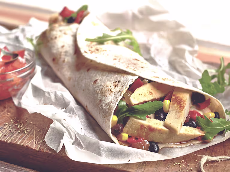Quorn Bean and Fillet Wrap, made with Quorn Fillets, tomatoes, beans, onion and sweetcorn