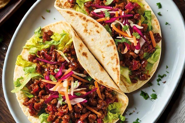 Korean BBQ Quorn mince tacos with salad on a white plate.