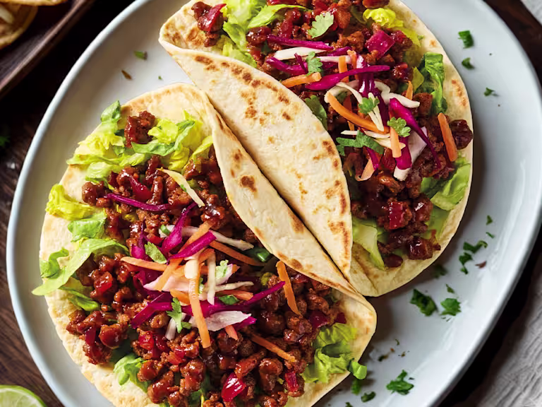 Korean BBQ Quorn mince tacos with salad on a white plate.