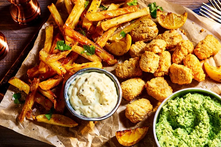 Quorn Vegan Fishless Scampi arranged on a board with chips, mushy peas, and tartare sauce on the side.