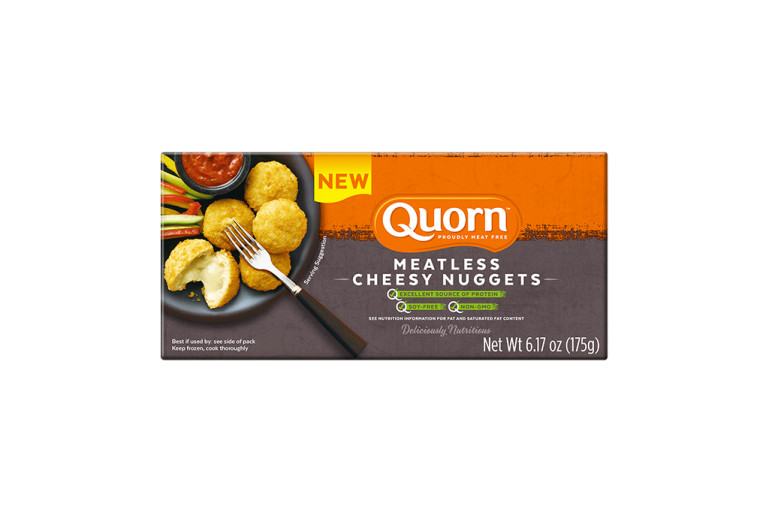 A box of Quorn Meatless Cheesy Nuggets showing the plated product and information on an orange and charcoal background.