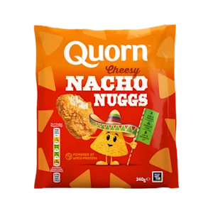 Quorn Cheesy Nacho Nuggs Packaging with Orange Branding and Logo