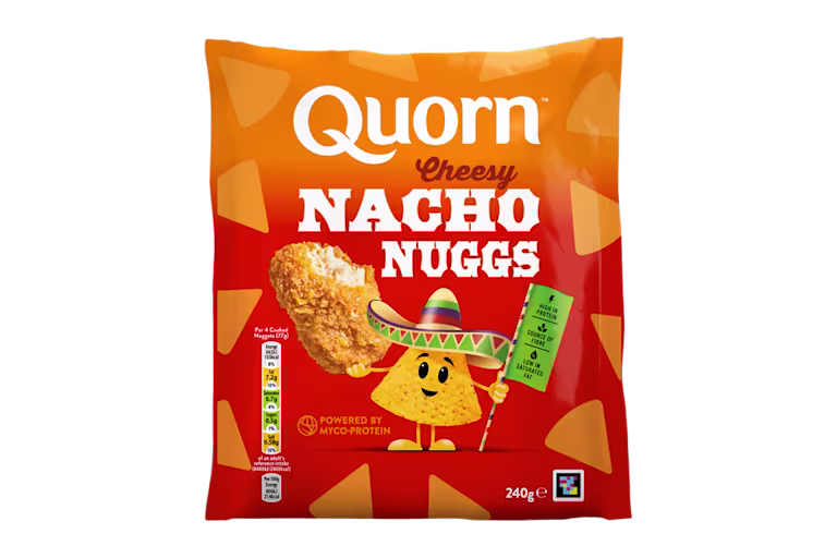 Quorn Cheesy Nacho Nuggs Packaging with Orange Branding and Logo