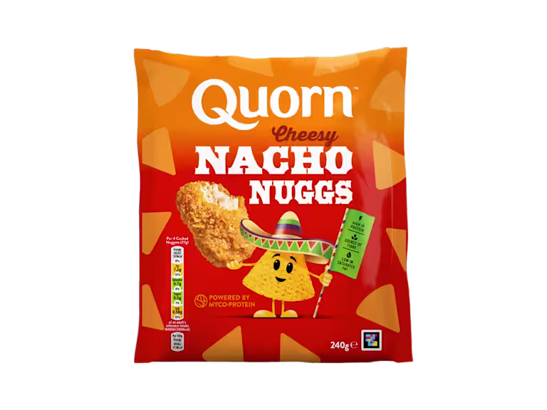 Quorn Cheesy Nacho Nuggs Packaging with Orange Branding and Logo