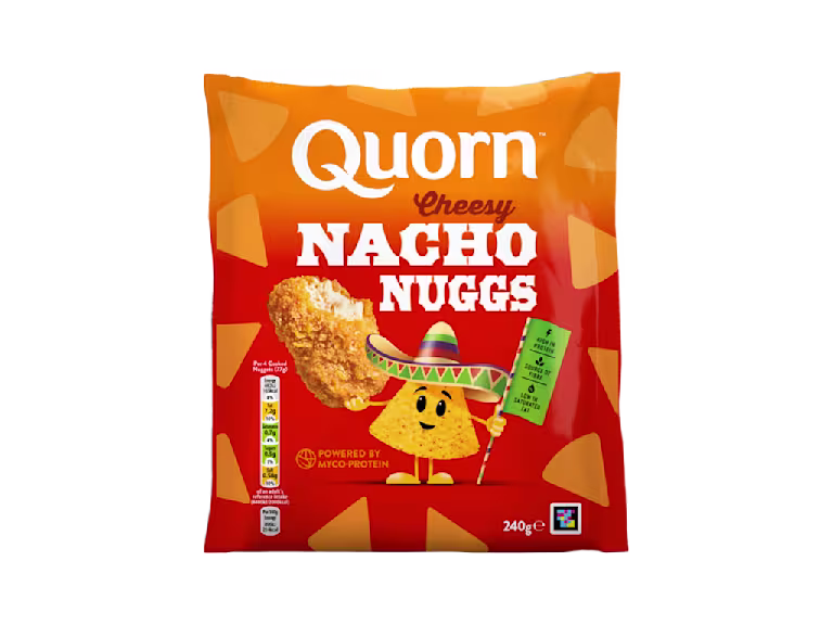 Quorn Cheesy Nacho Nuggs Packaging with Orange Branding and Logo
