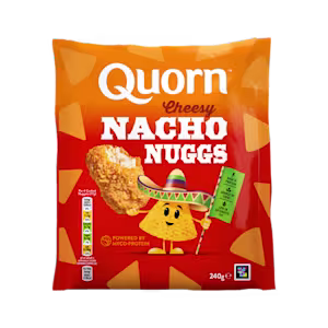 Quorn Cheesy Nacho Nuggs Packaging with Orange Branding and Logo