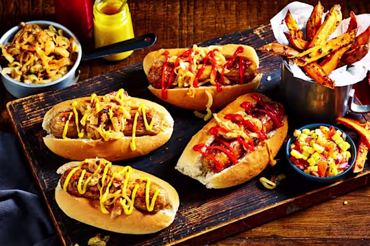 Quorn Sausages in buns topped with ketchup and mustard and braised onions with sweetcorn salsa on the side.