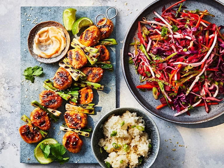 Gochujang skewers using Quorn Fillet Pieces with an Asian slaw on the side