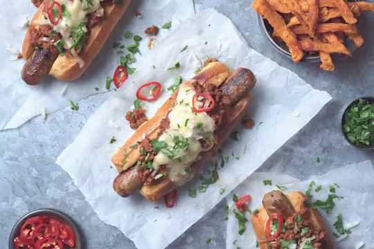 Vegetarian hot dogs using Quorn Sausages topped with Quorn Mince chilli, onions and red chilli served on parchment paper