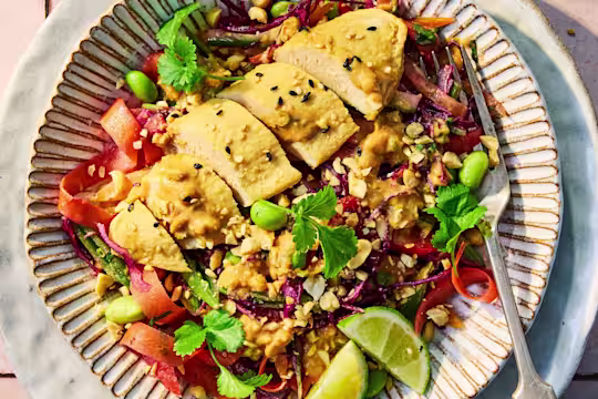 Quorn Satay Salad Bowl with Quorn Fillets, served with fresh vegetables, grains, herbs and a lime wedge.