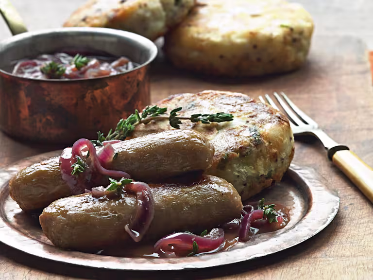 quorn sausages with onion gravy & mustard champ rissoles vegetarian recipe