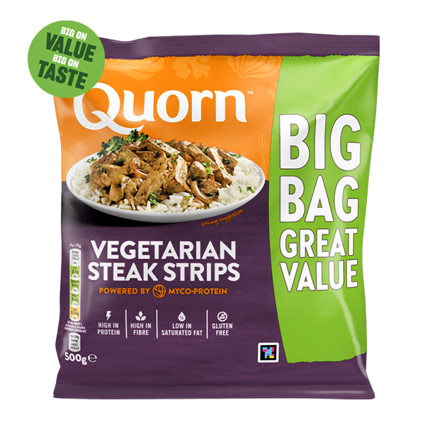 A packet of Quorn Vegetarian Steak Strips showing the plated product and information on an orange and charcoal background.