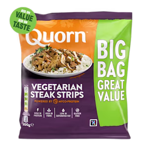 A packet of Quorn Vegetarian Steak Strips showing the plated product and information on an orange and charcoal background.