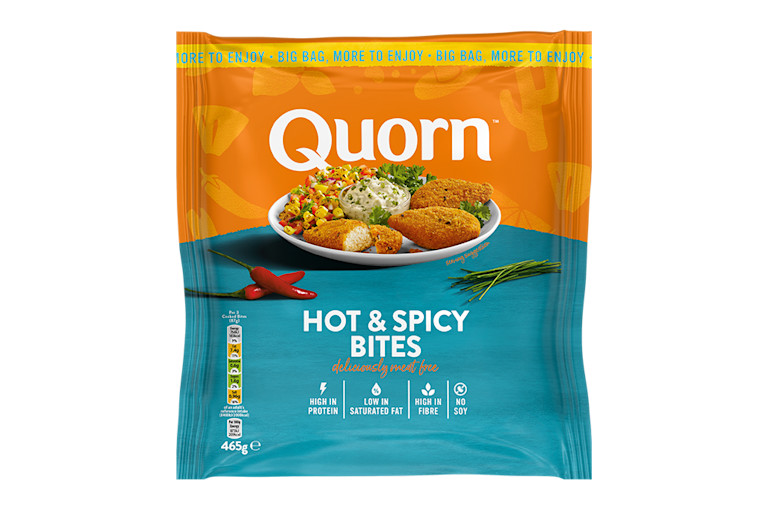 A bag of Quorn Hot & Spicy Bites showing the prepared and plated product and information on an orange and teal background.