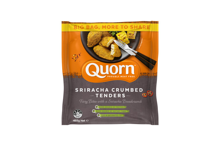 A bag of Quorn Hot & Spicy Bites showing the prepared and plated product and information on an orange and teal background.