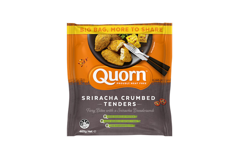 A bag of Quorn Hot & Spicy Bites showing the prepared and plated product and information on an orange and teal background.
