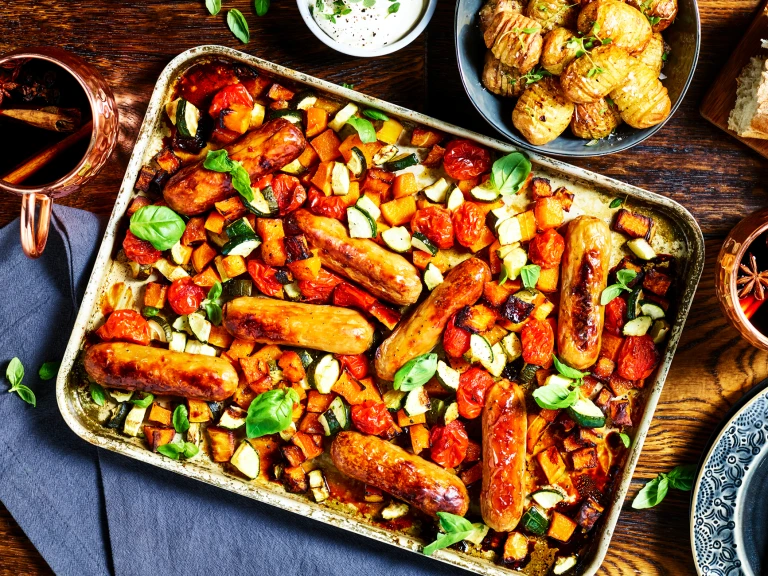 A traybake with Quorn Best of British Sausages, butternut squash, tomatoes, and courgette.