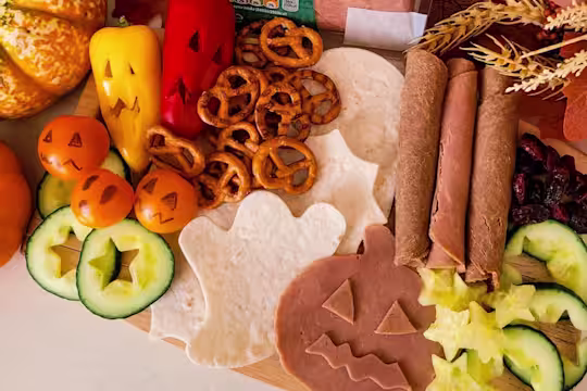 Halloween grazing board with Yorkshire ham and roast beef slices