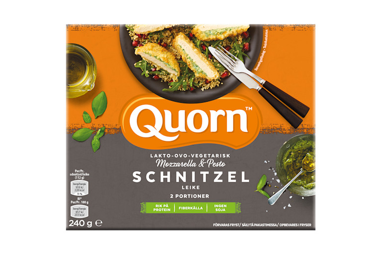 Meat free Quorn Mozzarella & Pesto Escalopes product packaging with nutritional information.